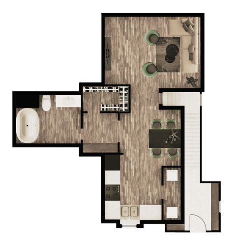 A floor plan of a house with a kitchen, living room, and two bathrooms.